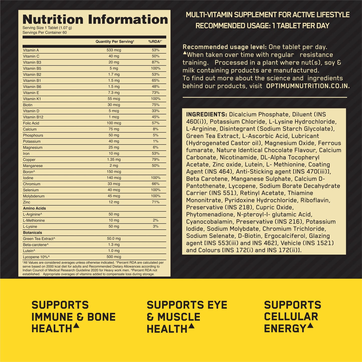 OPTIMUM NUTRITION (ON) Multivitamin for MEN,60 Tablets, 26 Vitamins & Minerals and (ZMA) Zinc Magnesium Aspartate - 60 Capsules, 1 count