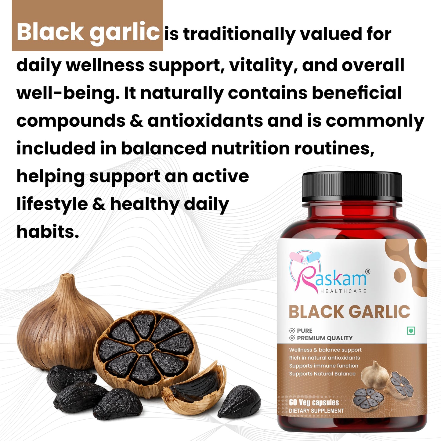 Raskam Black Garlic Capsules, Natural Superfood, 60 Veg Capsules, Improves Heart Health, Boosts Immune System