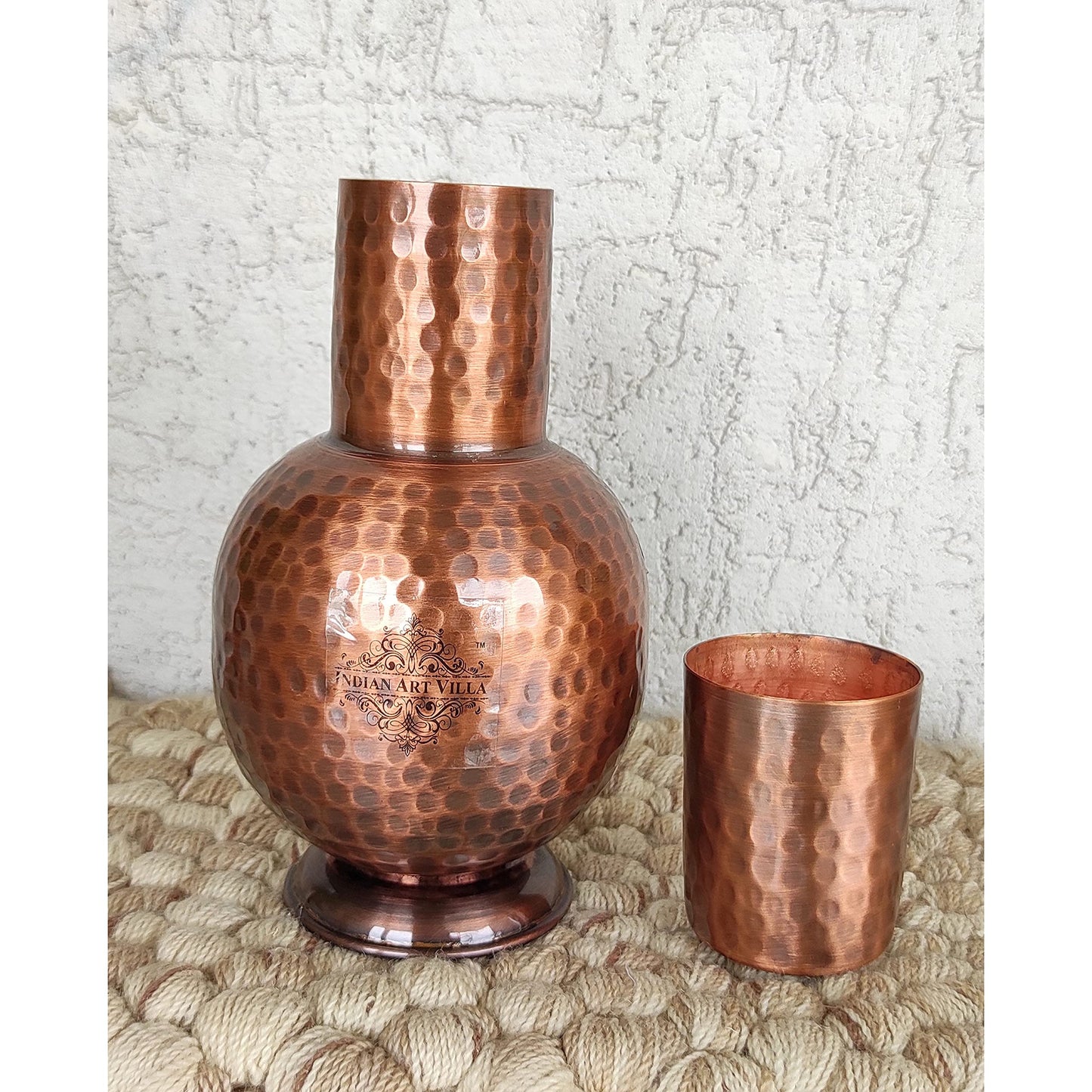 INDIAN ART VILLA Pure Copper Bedroom Water Bottle with Inbuilt Glass, Surahi Hammered Antique Design, Drinkware & Storage Purpose, Volume-700 ml (Pack of 1)