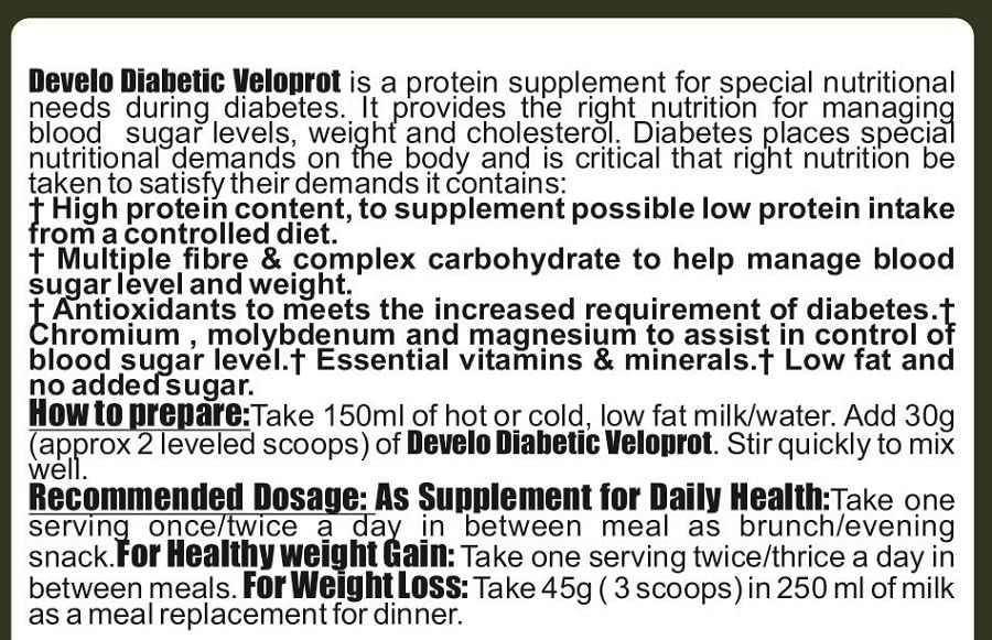 Develo Diabetic Protein Powder Sugar Free Food Supplement For Diabetes Care VeloProt Powder Men & Women Strawberry 500gm