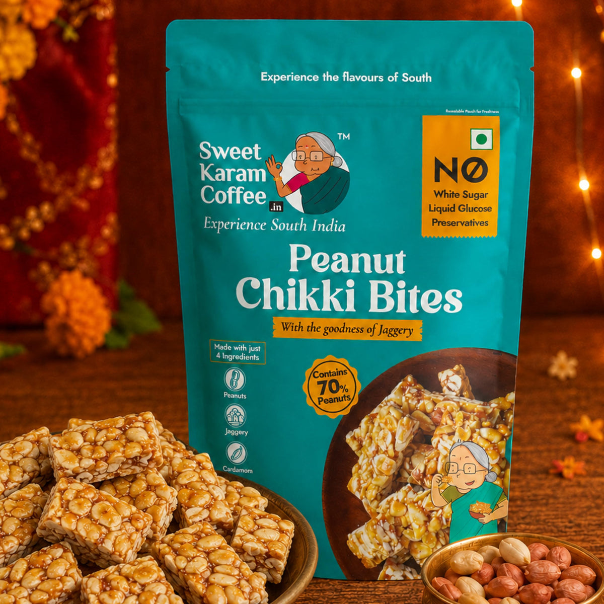 Sweet Karam Coffee Peanut Chikki Bites – Pack of 2 (150g Each) | No Palm Oil or Preservatives | Jaggery Sweetened | White Sugar Free | High Protein & Fiber | Kadalai Mittai Gajak | Healthy Indian Snack