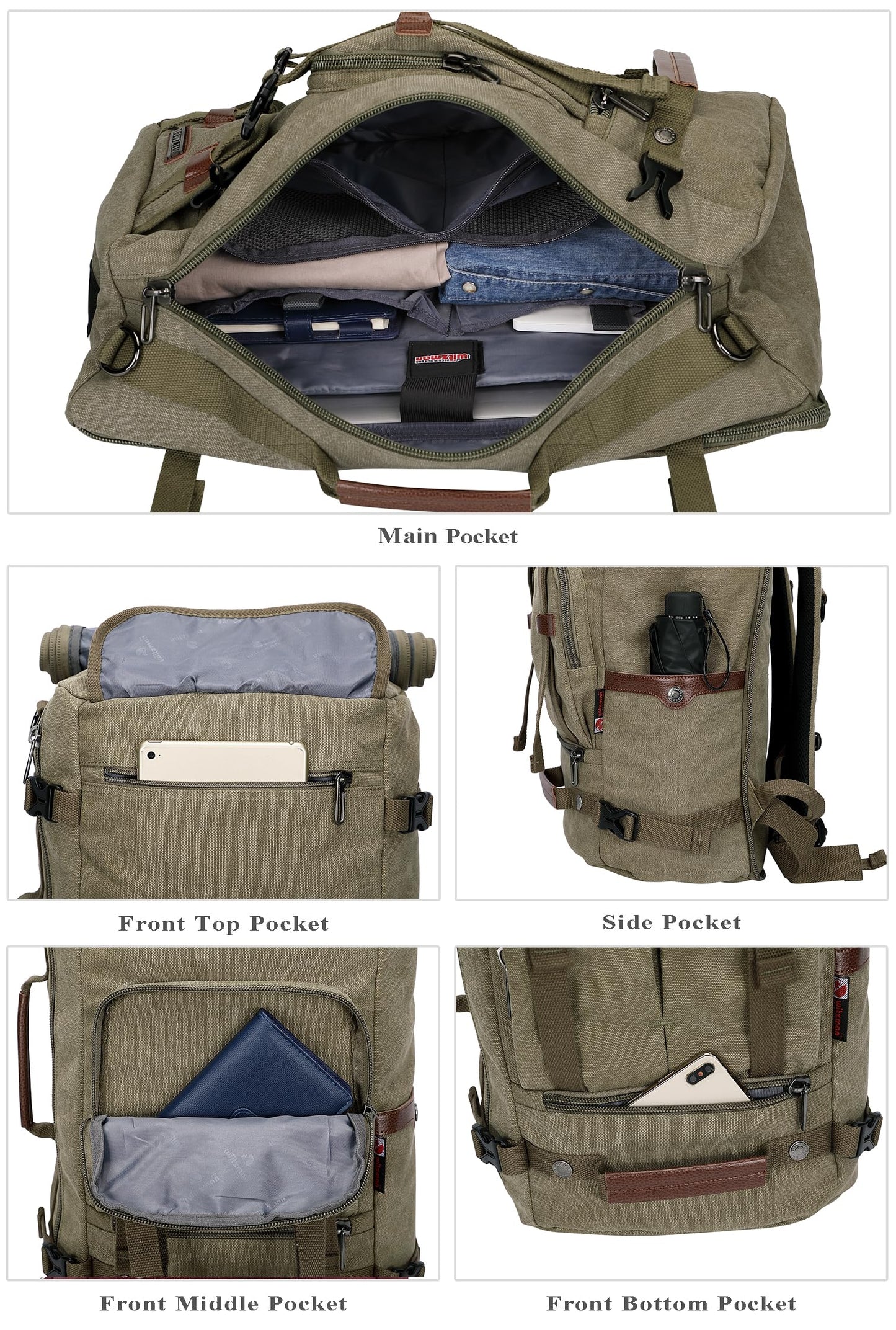 WITZMAN Canvas Backpack for Man Vintage Travel Backpack Large Laptop Backpack Convertible Shoulder Rucksack（A519-2 Army Green）