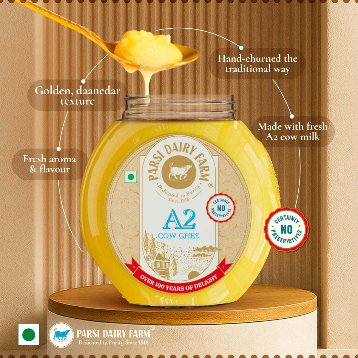 Parsi Dairy Farm Pure A2 Cow Ghee – Premium Desi Ghee, Rich Aroma, Danedar Granules,Preservative Free(500ml)