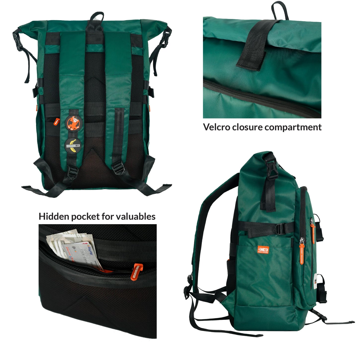 MONKEY TROOPERS Homie 35L Roll Top Laptop for Unisex Backpack Bag Green Expandable Roll Top Closure Hidden Valuables Pocket Organizer Panel Compression Straps Padded Carrying Support