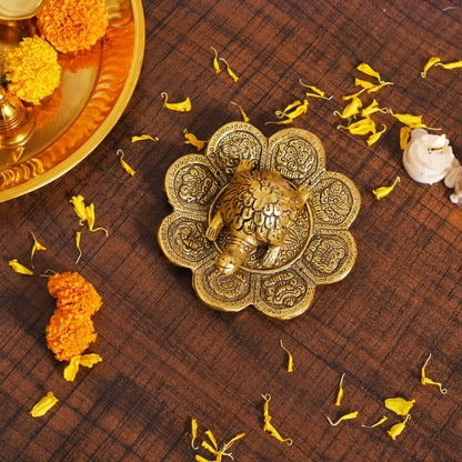 Metal Feng Shui Tortoise On Plate Showpiece - Gold Tortoise for Good Lu- image 2