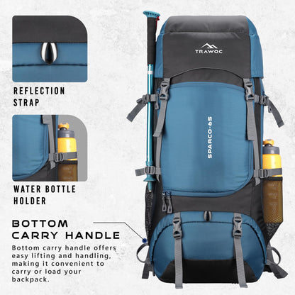 TRAWOC SPARCO 65L Travel Backpack Hiking Trekking Bag Camping Rucksack for Men & Women, Rain Cover/Shoe Compartment HK009 English Blue, 3 Year Warranty