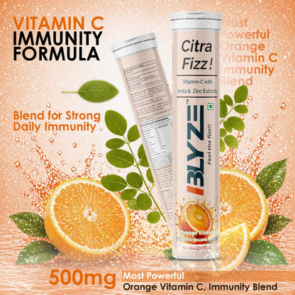 BLYZE Citra Fizz Vitamin C Effervescent Tablets with Natural Amla Extract and Zinc for Daily Immunity, Helps Boost and Strengthen Collagen for Healthy Skin, Hair and Nails – Orange Flavour, 20 Tablets