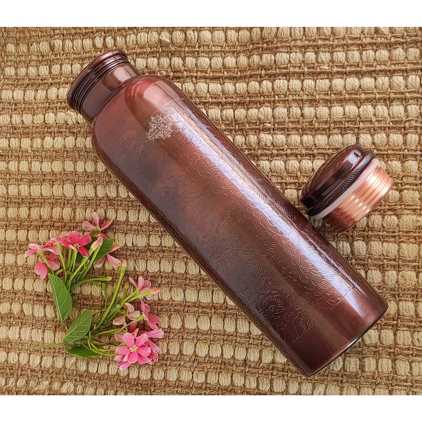 INDIAN ART VILLA Pure Copper Water Bottle with Antique Design, 1 litre Capacity, Drinkware & Storage (Pack of 2)