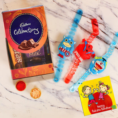 TIED RIBBONS Rakhi for Kids with Chocolates Gift Pack - Set of 3 Premium Kids Lights Rakhi with Cadbury Celebrations Chocolates Gift Pack Roli Chawal Greeting Card, 250 Grams