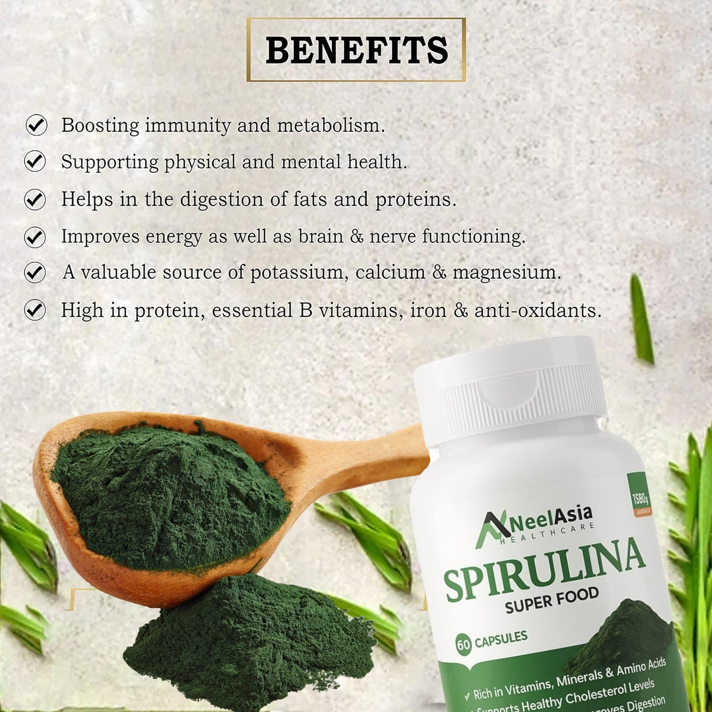 Neelasia 100% Organic Spirulina Capsules (1500mg Per Serving) | Natural Superfood Supplement | Rich in Protein, Iron & Antioxidants | Supports Immunity, Energy & Detox | 60 Capsules