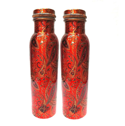 INDIAN ART VILLA Pure Copper Printed Water Bottle With Ruby Paisley Design, Drinkware & Storage Purpose, Ayurvedic Health Benefits, Volume-1 litre, Set of 2