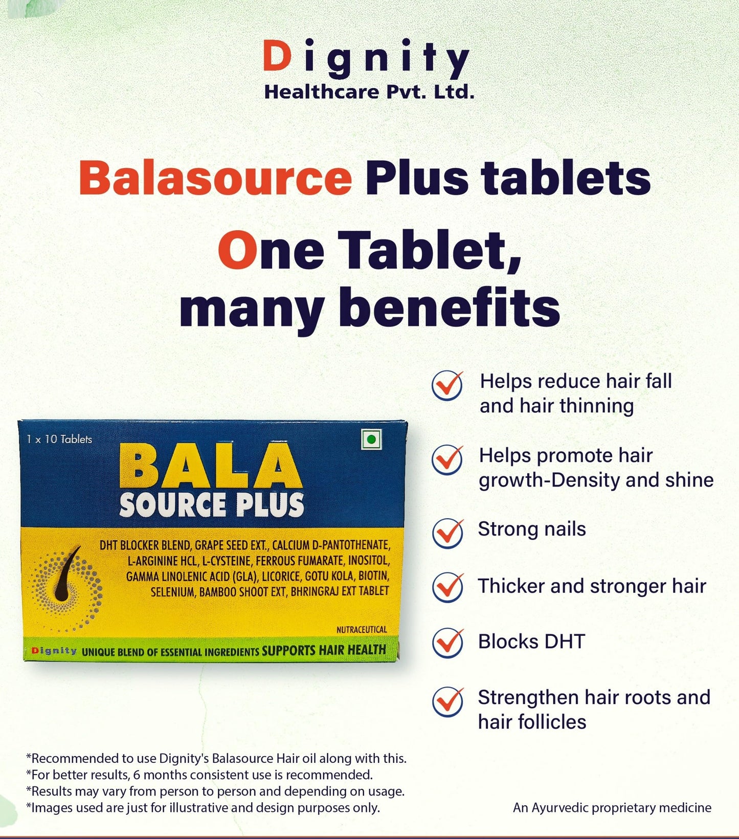 Balasource Plus Tablets | Hair Health Supplement with Biotin, DHT Blocker, Vitamins, Minerals & Herbal Extracts | Supports Strong, Thick & Healthy Hair Growth | 10 Tablets