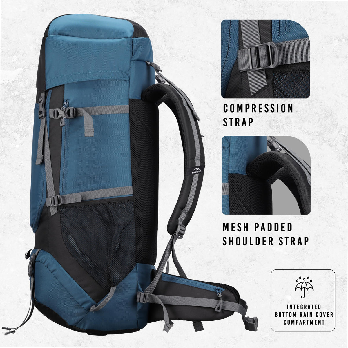 TRAWOC SPARCO 65L Travel Backpack Hiking Trekking Bag Camping Rucksack for Men & Women, Rain Cover/Shoe Compartment HK009 English Blue, 3 Year Warranty