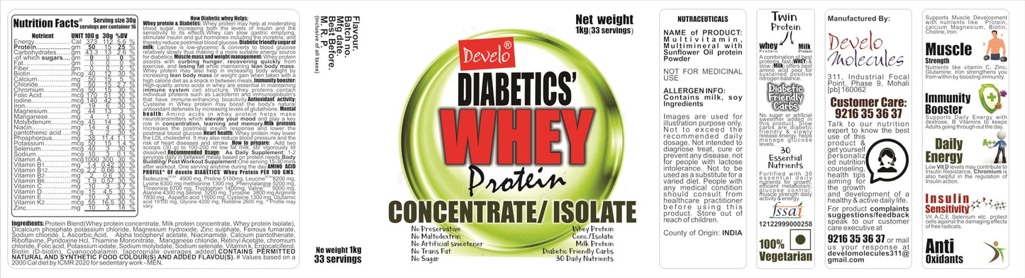 Develo Diabetic Whey Protein for Diabetes Care, Sugar Free Powder + Nutrisugar - 1 kg (Elaichi Pista)