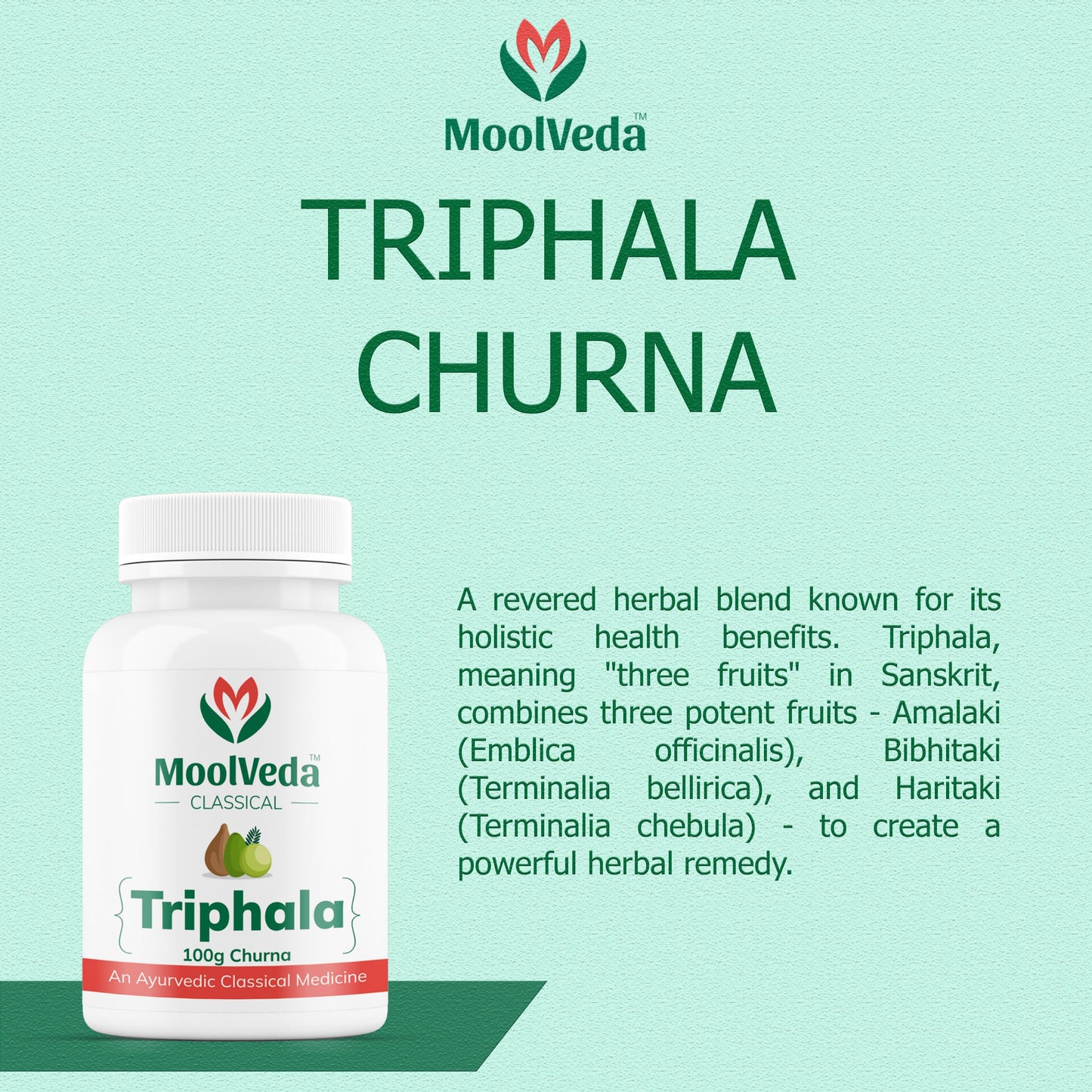 Moolveda 100% Oragnic & Natural Triphala Churna for Constipation Relief, Gut Health, Triphala for Eyes, Herbal Digestive Supplement, 100gm