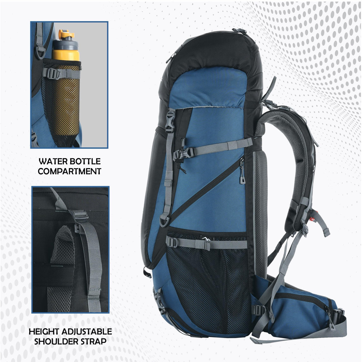 TRAWOC VENTURE PRO 65 Liter Internal Frame Camping Trekking Hiking Backpack Travel Bag for Men & Women Front & Top Loading Rucksack/Water Proof Rain Cover/Shoe Compartment, HK011 English Blue