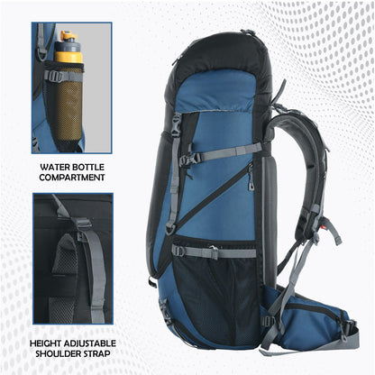 TRAWOC VENTURE PRO 65 Liter Internal Frame Camping Trekking Hiking Backpack Travel Bag for Men & Women Front & Top Loading Rucksack/Water Proof Rain Cover/Shoe Compartment, HK011 English Blue