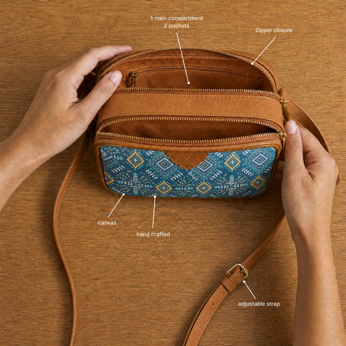 TEAL BY CHUMBAK Women's Sling Bag, Printed Canvas Crossbody Bag with PU Accents, Lightweight and Stylish Shoulder Bag with Zipper Closure for College, Office, Travel and Daily Use
