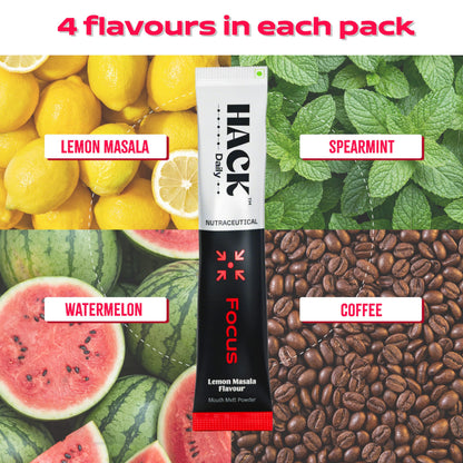 Hack Daily Energy & Focus Mouth Melt Powder 28 Sachets, 80mg Caffeine + 60mg L-Theanine, Vitamin B6 & B12, No Added Sugar, Quick Energy Boost & Mental Focus, Assorted Flavours (Coffee, Lemon Masala, Spearmint, Watermelon)