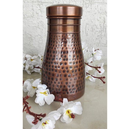 INDIAN ART VILLA Pure Copper Bedroom Water Bottle with Inbuilt Glass, Hammered Antique Design - Drinkware & Storage Purpose, Volume 1100 ml (Pack of 1)