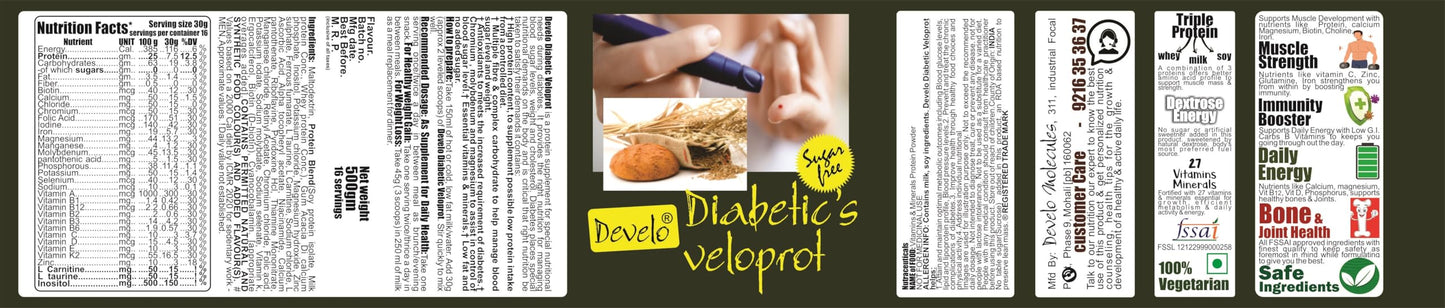 Develo Diabetic Protein Powder Sugar Free Food Supplement For Diabetes Care VeloProt Powder Men & Women Strawberry 500gm