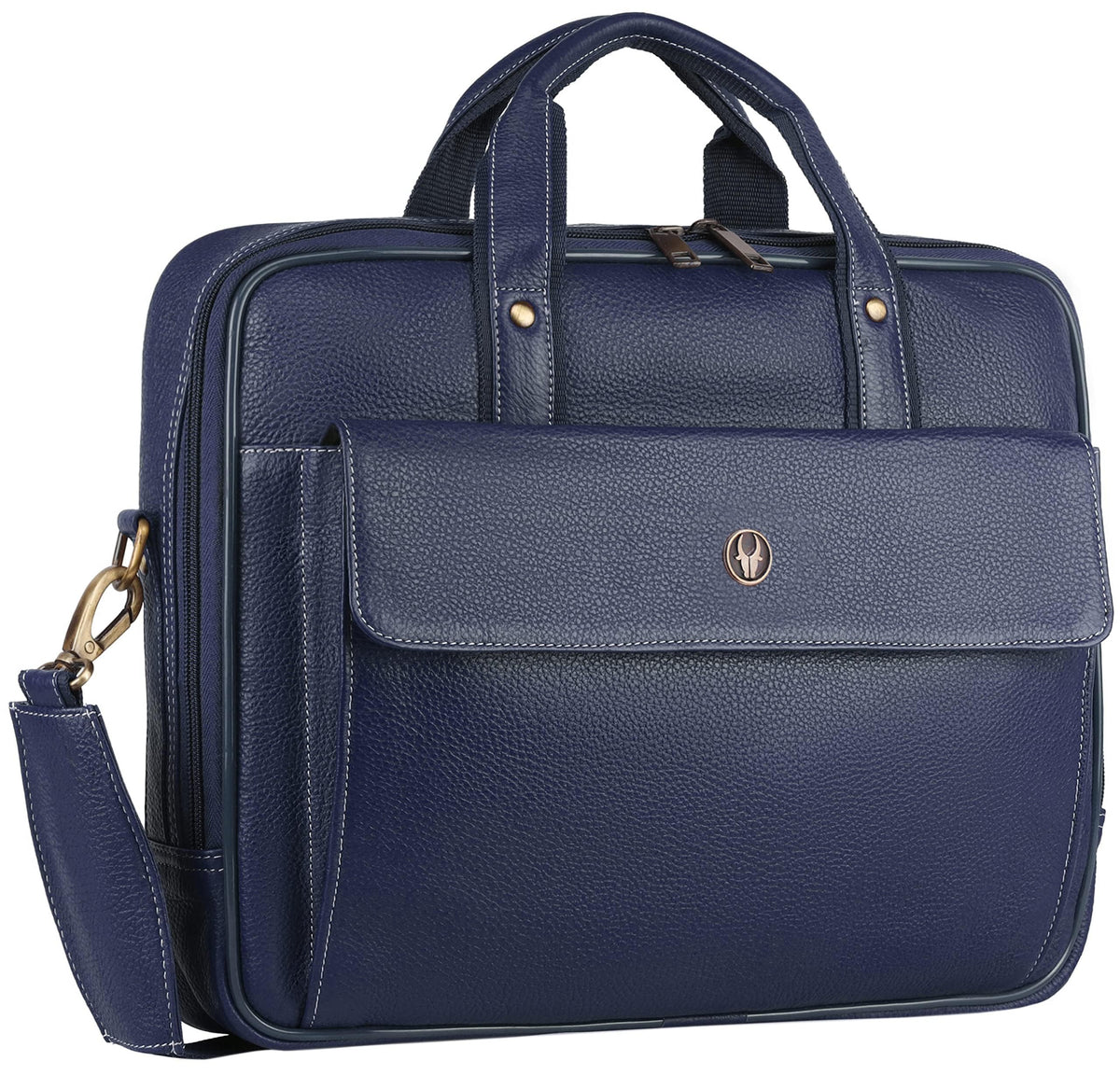 WildHorn Leather Laptop Messenger Bag for Men I Fits Upto 15.6 Inch Laptop/MacBook I Padded Laptop Compartment I Carry Handles with Adjustable Strap I DIMENSION : L-16 inch W-3 inch H-12 inch (Navy)