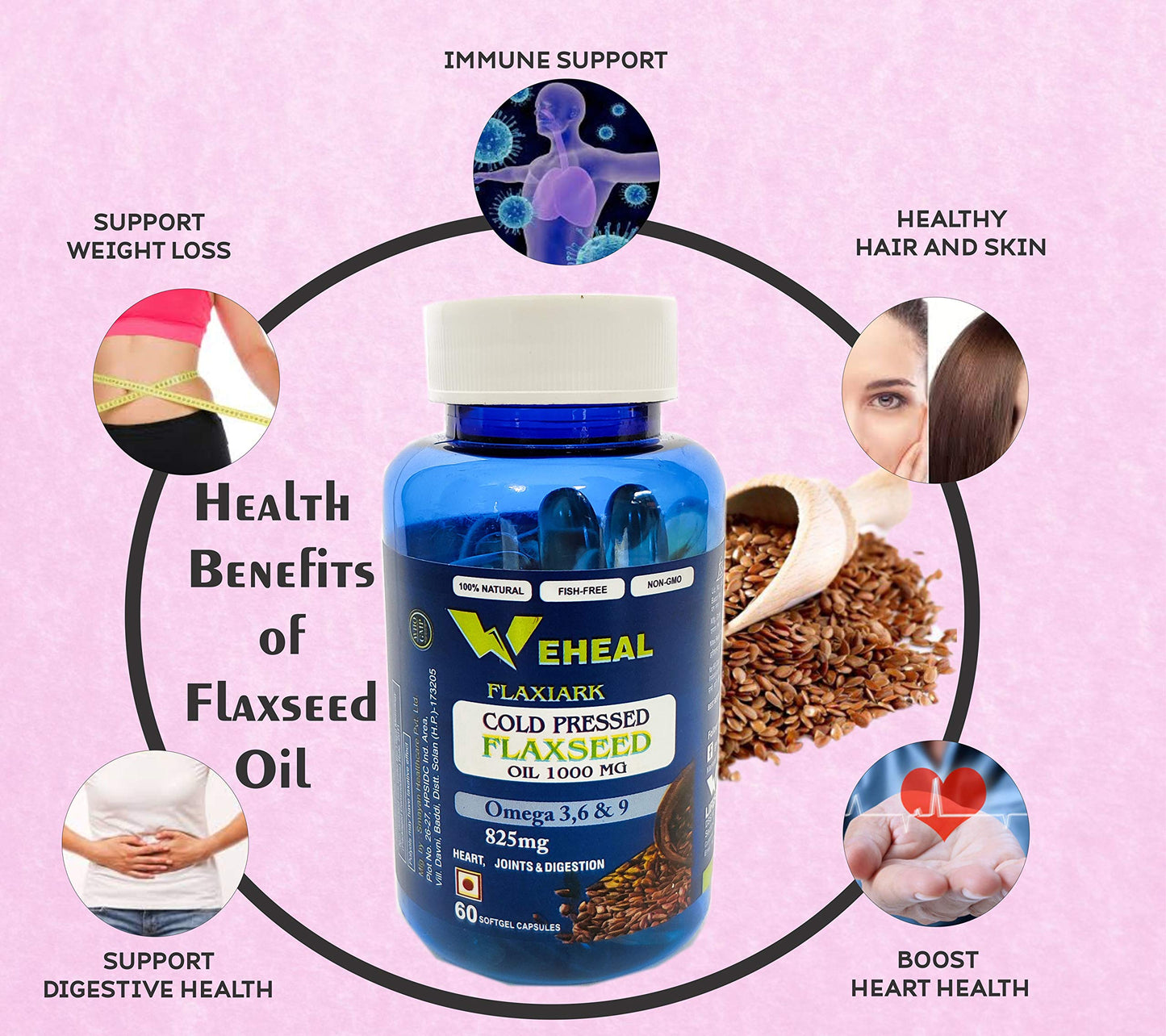 Weheal Cold Pressed Flaxseed Oil 1000mg | Omega 3, 6 & 9 for Heart, Joints & Digestion | 60 Softgel Capsules | Pack of 3 | Non-GMO & Fish-Free