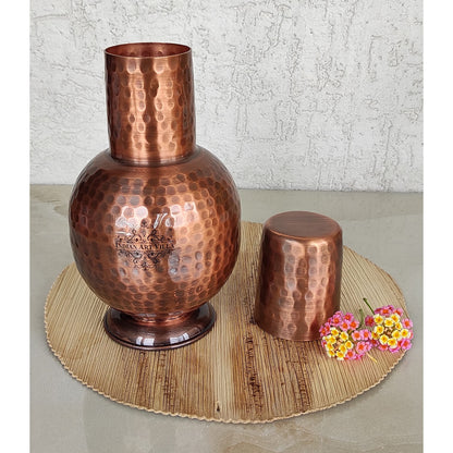 INDIAN ART VILLA Pure Copper Bedroom Water Bottle with Inbuilt Glass, Surahi Hammered Antique Design, Drinkware & Storage Purpose, Volume-700 ml (Pack of 1)