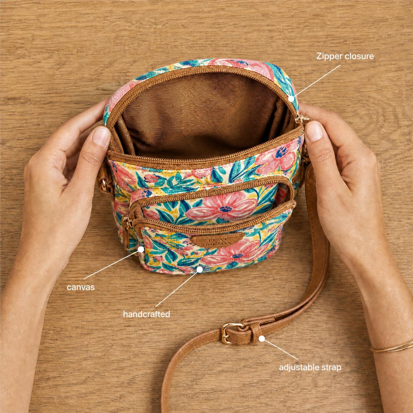 TEAL BY CHUMBAK Women's Crossbody Sling Bag, Printed Canvas Box Bag with PU Accents, Zipper Closure, Compact and Stylish Daily Use Shoulder Bag for Office, College, Travel and Casual Outings