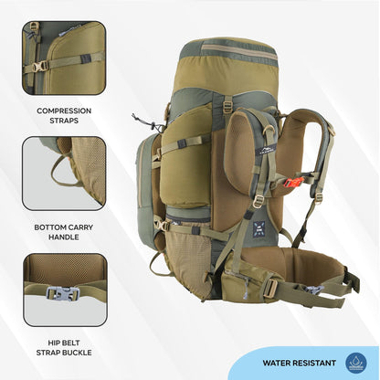 TRAWOC GLOBETROTTER 80 Liter (70+10) Internal Metal & Fiber Frame Rucksack Bag for Men & Women Trekking, Hiking Travel Backpack with Detachable Daypack, Rain Cover and Shoe Compartment, Olive Green