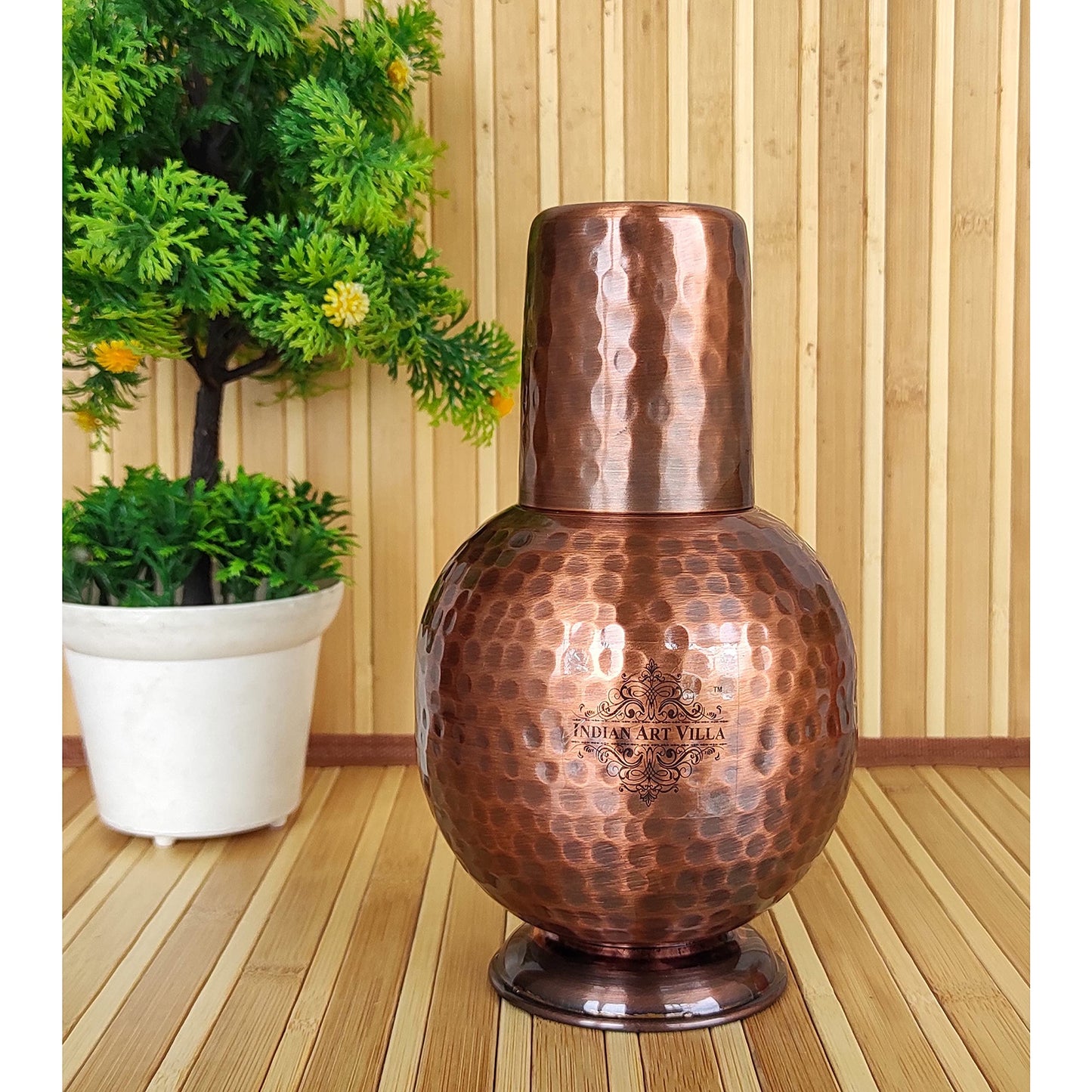 INDIAN ART VILLA Pure Copper Bedroom Water Bottle with Inbuilt Glass, Surahi Hammered Antique Design, Drinkware & Storage Purpose, Volume-700 ml (Pack of 1)