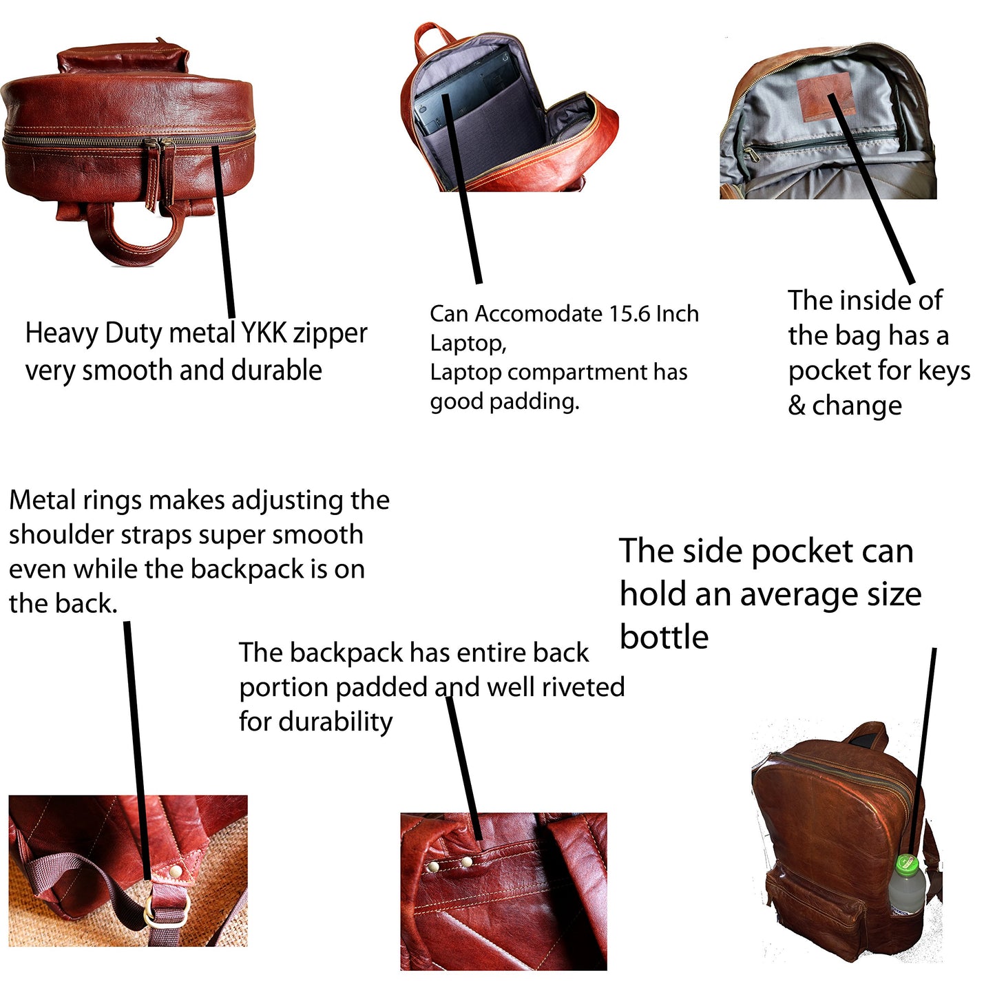 18" Brown Leather Backpack Vintage Rucksack Laptop Bag Water Resistant- image 9