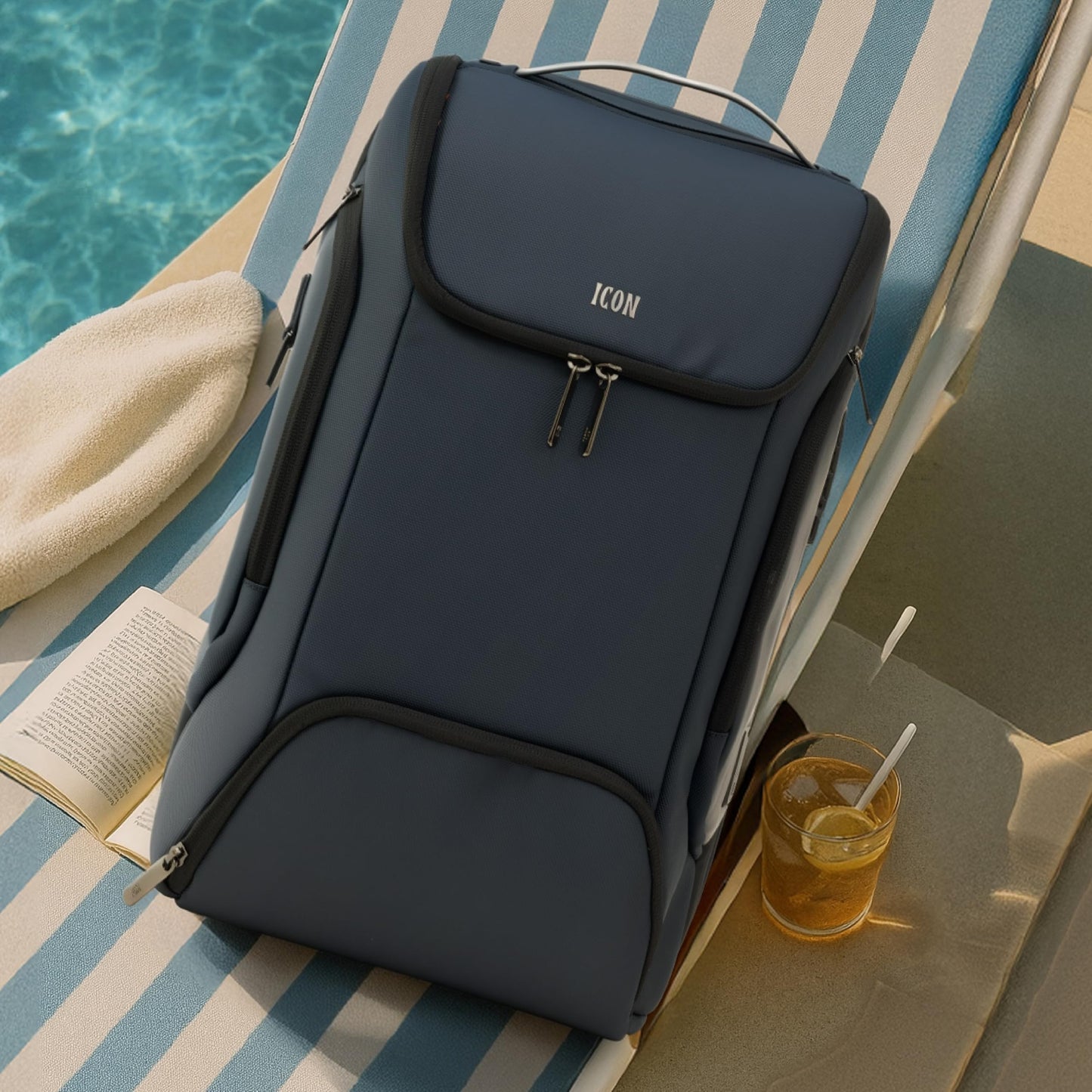 ICON The Iconic Laptop Backpack 30L | Premium Polyester, Fits 15.6" Laptops | USB Charging Port, Luggage Sleeve, Numbered Lock & Hidden Pocket | Water-Resistant, Multipurpose Unisex Laptop Bag - Blue.