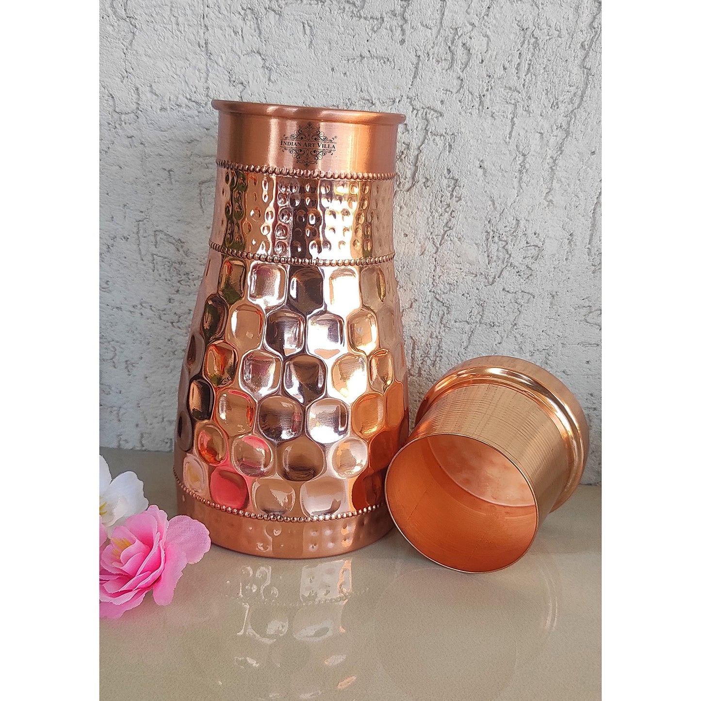 INDIAN ART VILLA Pure Copper Bedroom Water Bottle With Inbuilt Glass & Diamond Hammered Design, Drinkware, Storage Purpose, Volume-850 ml