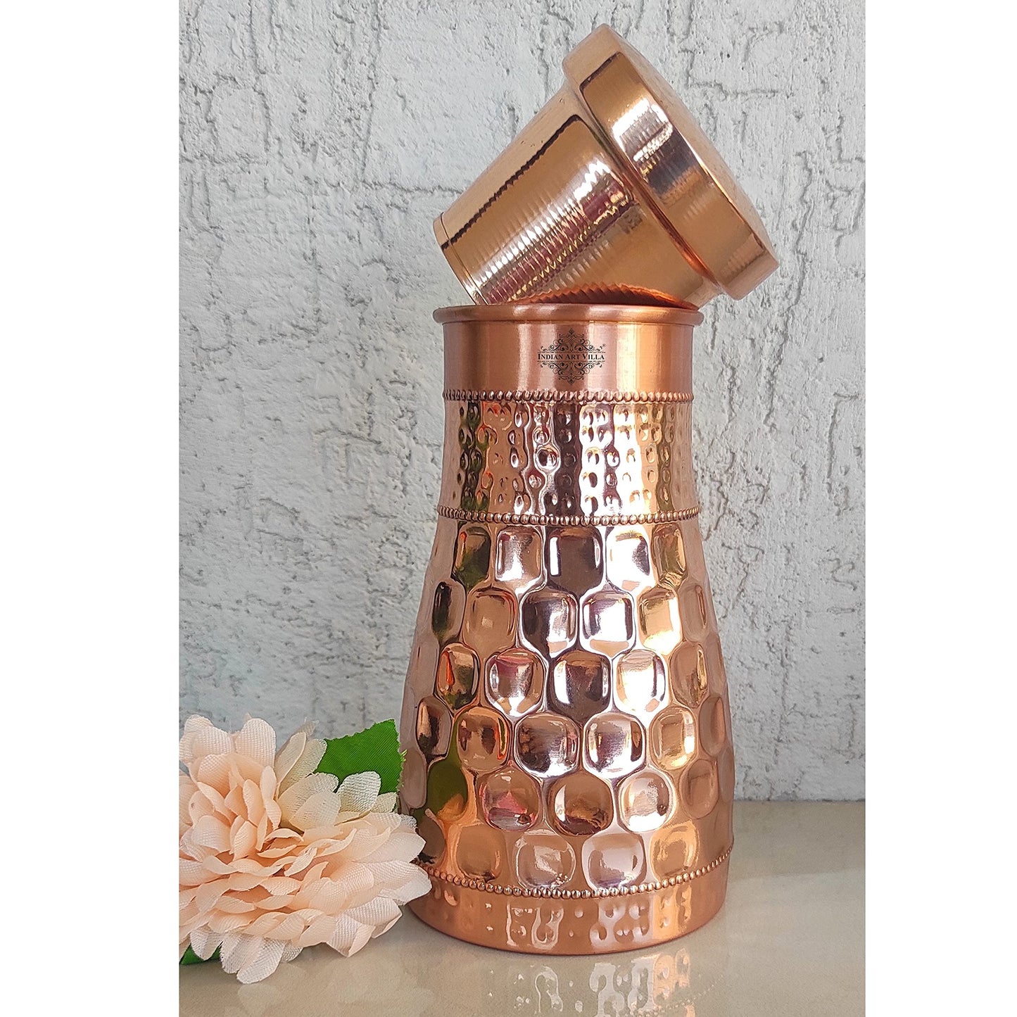 INDIAN ART VILLA Pure Copper Bedroom Water Bottle With Inbuilt Glass & Diamond Hammered Design, Drinkware, Storage Purpose, Volume-850 ml