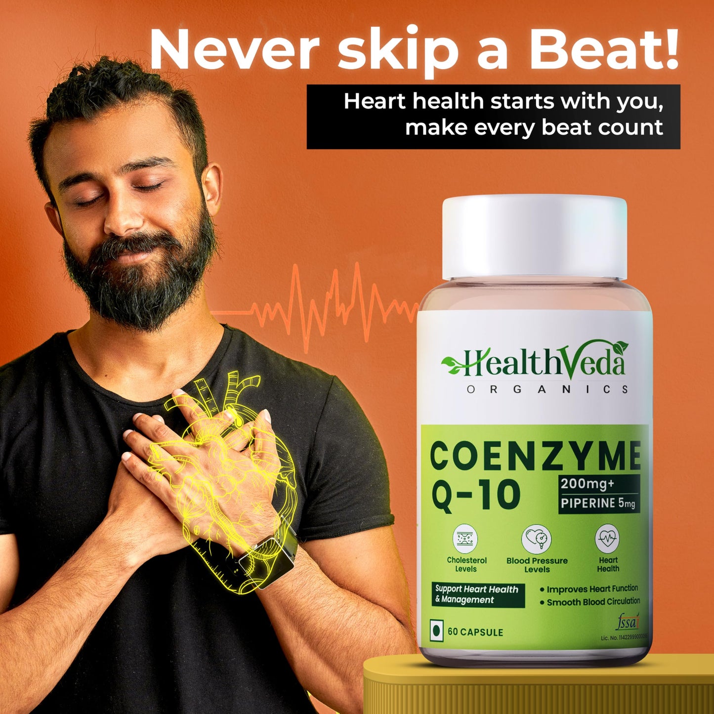 Health Veda Organics Coenzyme Q10 (CoQ10) 200mg with Piperine 95% (Black Pepper Extract) 5mg | Advanced Antioxidant & Heart Health Support with Arjuna, Resveratrol, Garlic, & Plant-Based Nutrients | 60 Vegan Capsules