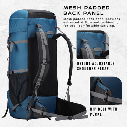 TRAWOC SPARCO 65L Travel Backpack Hiking Trekking Bag Camping Rucksack for Men & Women, Rain Cover/Shoe Compartment HK009 English Blue, 3 Year Warranty