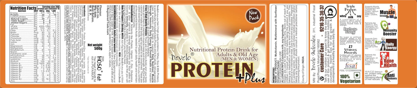 Develo Protein Powder for Men & Women, Whey, Milk & Soy (Triple Protein) – 500 g Kesar Badam