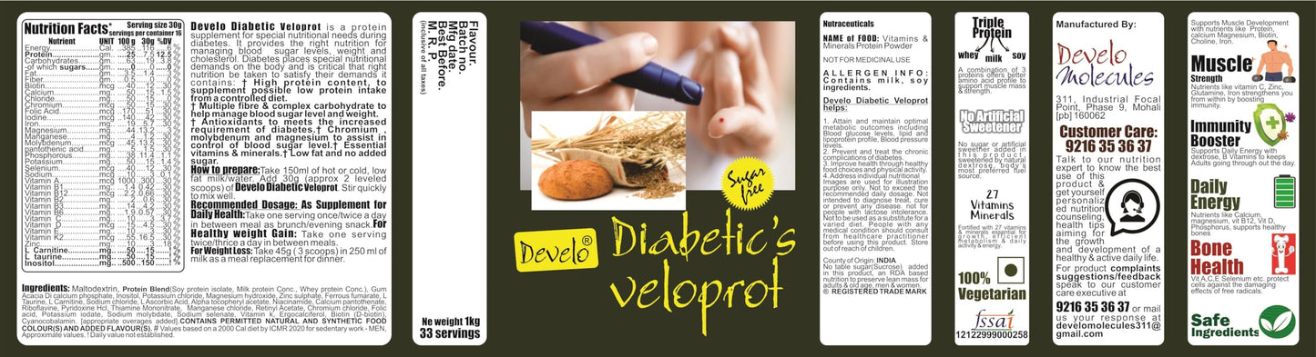 Develo Diabetic Protein Powder Sugar Free Food Supplement For Diabetes Care VeloProt Powder Men & Women Chocolate 1kg