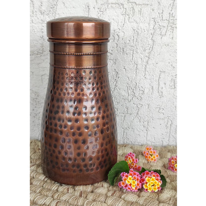 INDIAN ART VILLA Pure Copper Bedroom Water Bottle with Inbuilt Glass, Hammered Antique Design - Drinkware & Storage Purpose, Volume 1100 ml (Pack of 1)