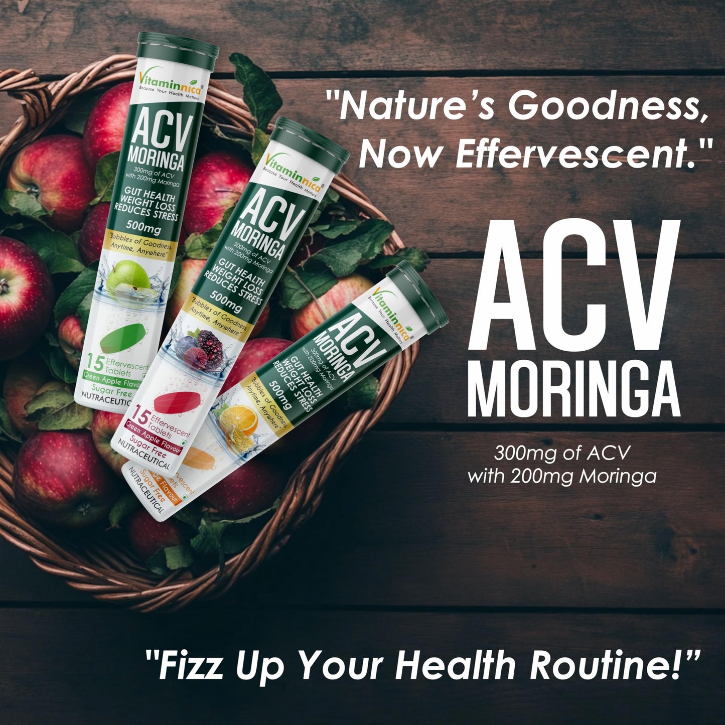 Vitaminnica ACV Moringa Effervescent Tablets To Control Cravings | Reduces Stress, Gut Health, Weight Loss | Sugar Free | 15 Tablets Each (Pack of 2, Mixberries)