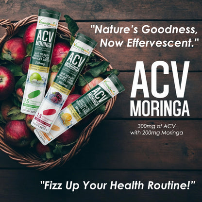 Vitaminnica ACV Moringa Effervescent Tablets To Control Cravings | Reduces Stress, Gut Health, Weight Loss | Sugar Free | 15 Tablets Each (Pack of 2, Mixberries)