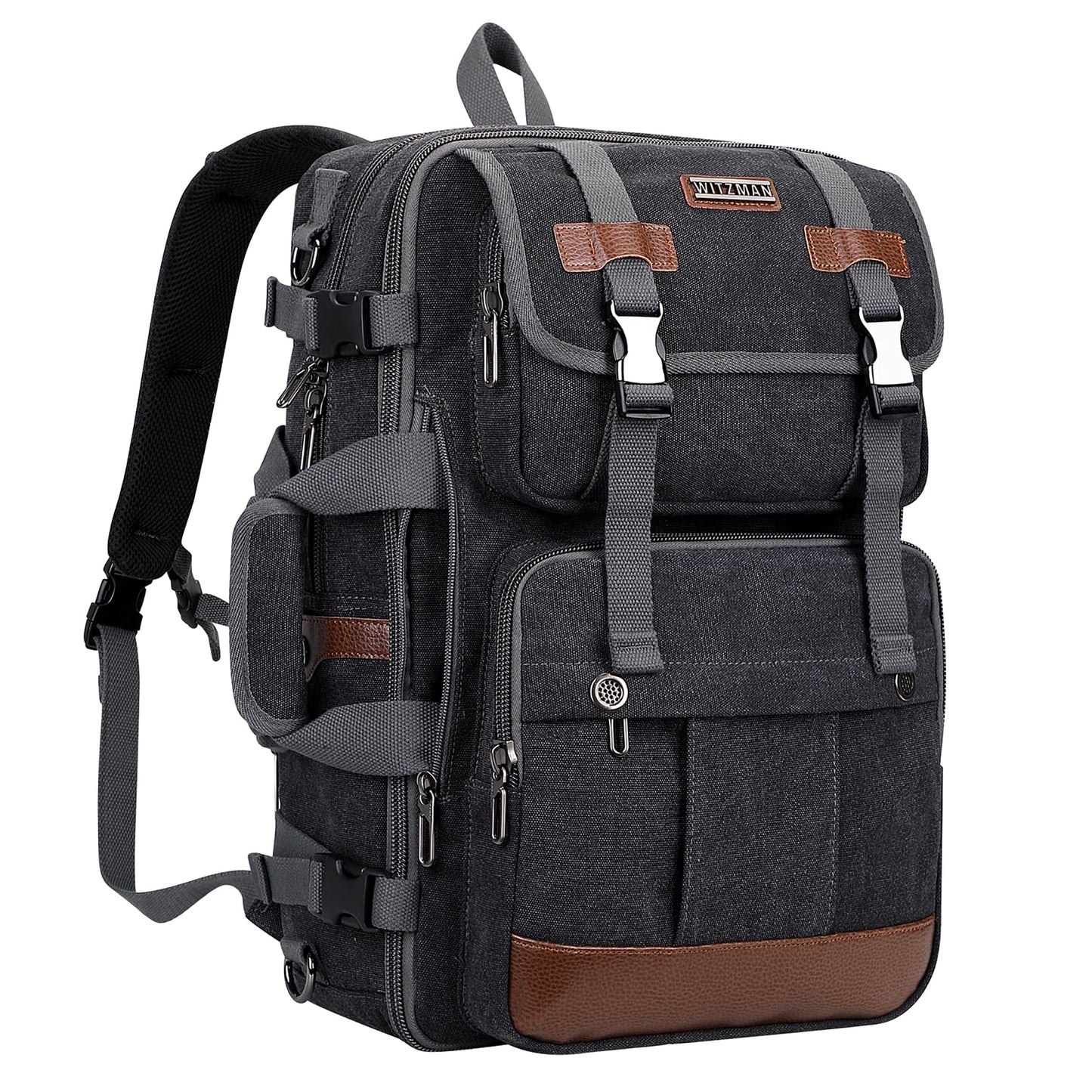 WITZMAN Canvas Travel Backpack for Men Large Laptop Backpack Fit 17 inch Carry-on Airline Approved Convertible Shoulder Rucksack(A6617 Black)