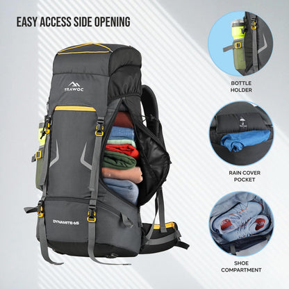 TRAWOC DYNAMITE 65L Travel Backpack for Hiking Trekking Bag Camping Rucksack for Men & Women with Rain Cover/Shoe Compartment MHK002, 3 Year Warranty, Grey