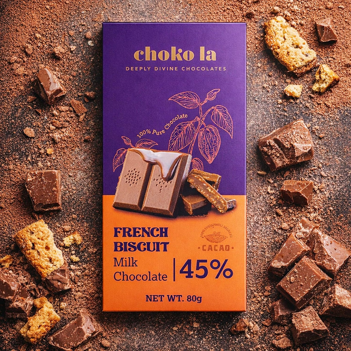 Chokola French Biscuit 45% Milk Chocolate Bar – Creamy Milk Chocolate with Crunchy Biscuit, 80g