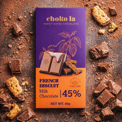 Chokola French Biscuit 45% Milk Chocolate Bar – Creamy Milk Chocolate with Crunchy Biscuit, 80g
