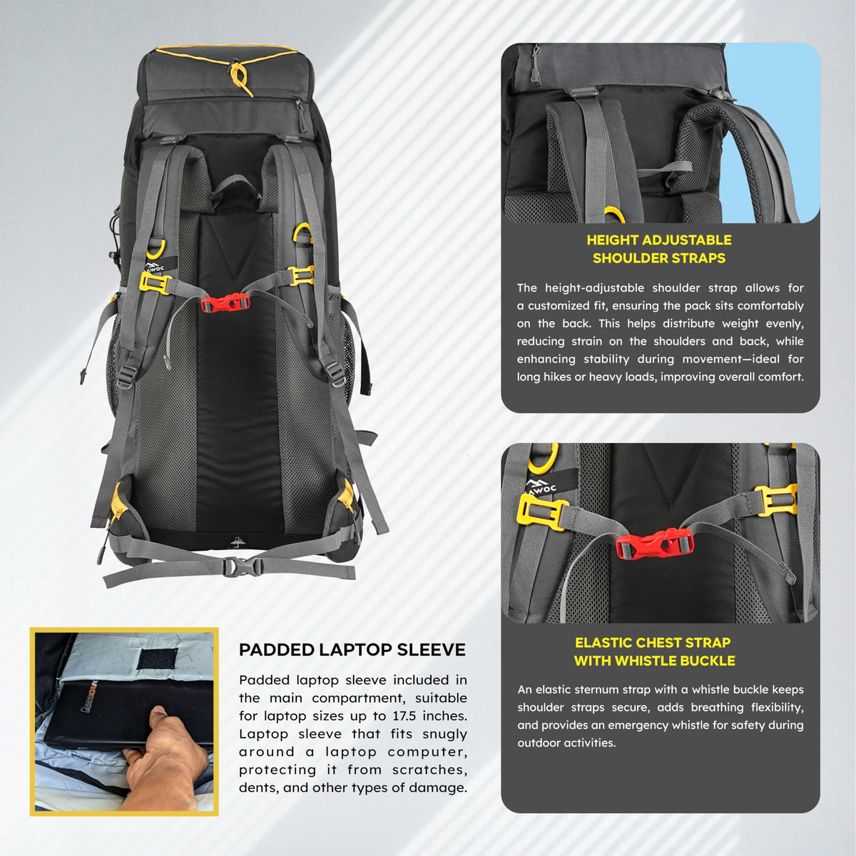 TRAWOC DYNAMITE 65L Travel Backpack for Hiking Trekking Bag Camping Rucksack for Men & Women with Rain Cover/Shoe Compartment MHK002, 3 Year Warranty, Grey
