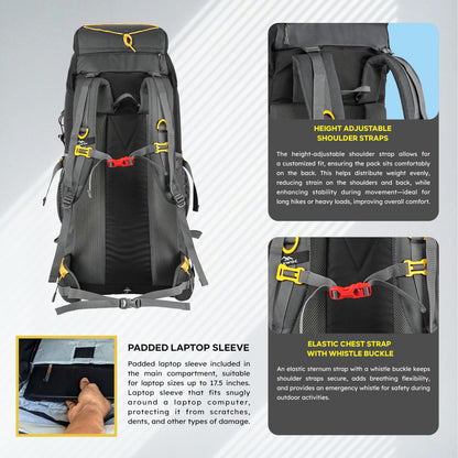 TRAWOC DYNAMITE 65L Travel Backpack for Hiking Trekking Bag Camping Rucksack for Men & Women with Rain Cover/Shoe Compartment MHK002, 3 Year Warranty, Grey