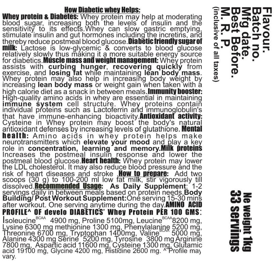 Develo Whey Protein Powder Sugar Free Snack for Diabetes Care - 1kg (Pa- image 7