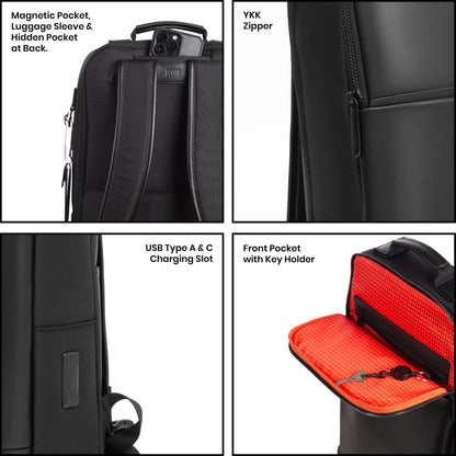 ICON The Professional Laptop Backpack 18L | Premium Vegan Leather Fits 15.6" Laptops | USB Charging Port with Zippers Luggage Sleeve, Water-Resistant & Multipurpose Unisex Bag - Black